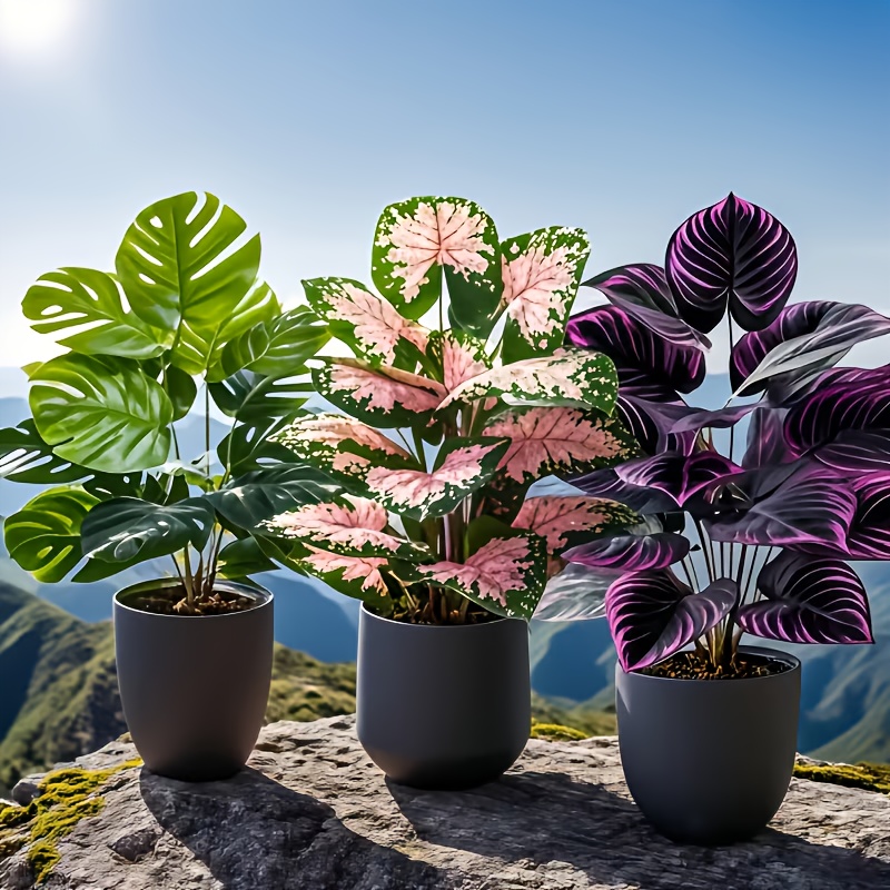 Fiddle Leaf Fig - 3-delige gemengde kunstplantenset Grote roze Monstera